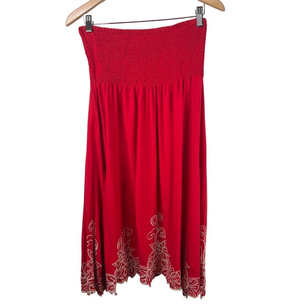 HiBis Dress Size Medium Lace Works Embroidered Smocked Strapless Beach Cover Red